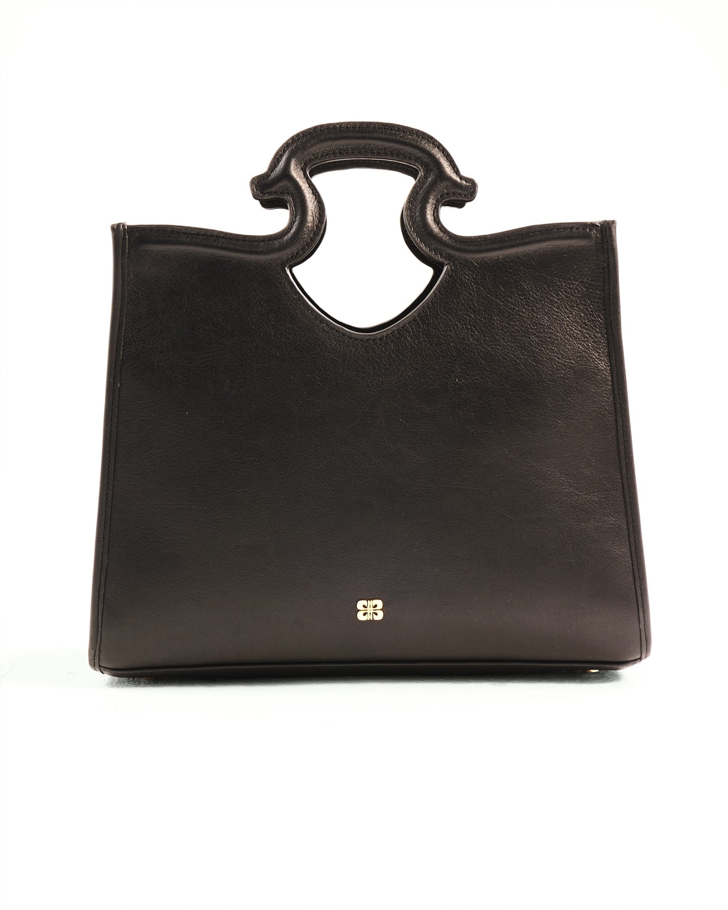 Black handbag with a gold zipper on a white background