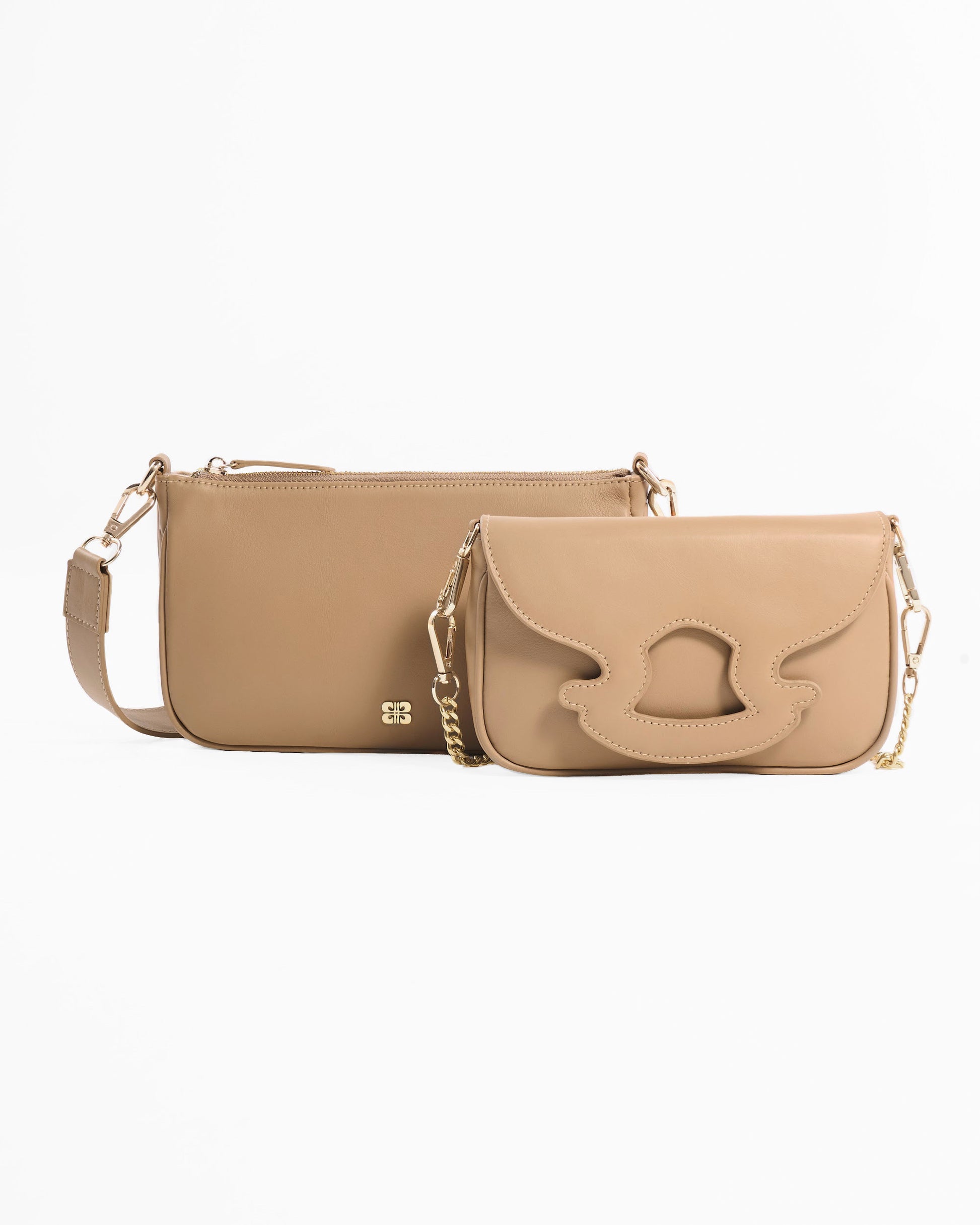 Two beige handbags with gold accents on a white background