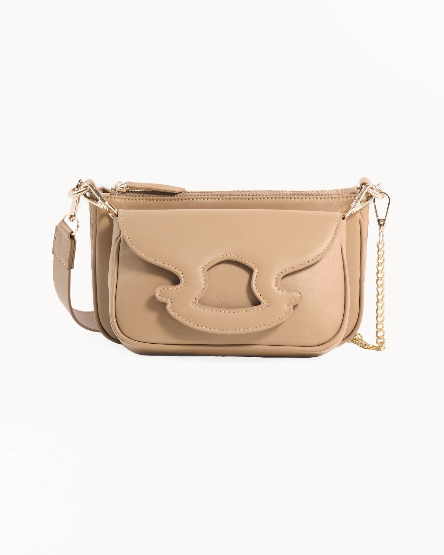 Two beige handbags with gold accents on a white background