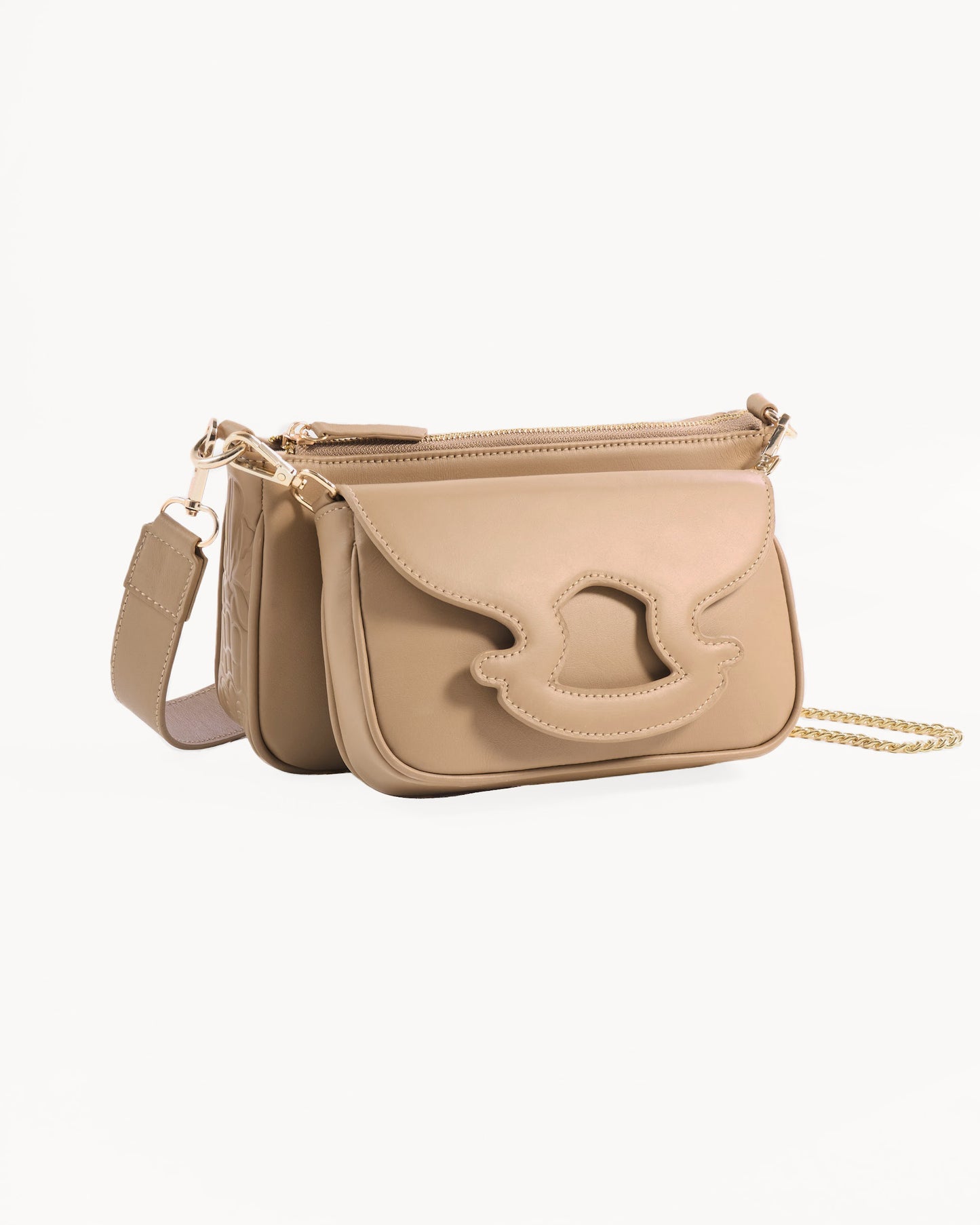 Two beige handbags with gold accents on a white background