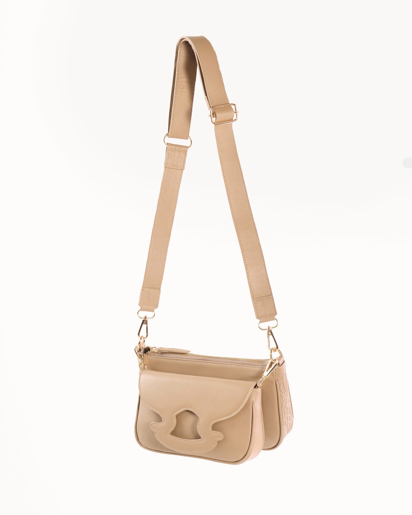 Two beige handbags with gold accents on a white background