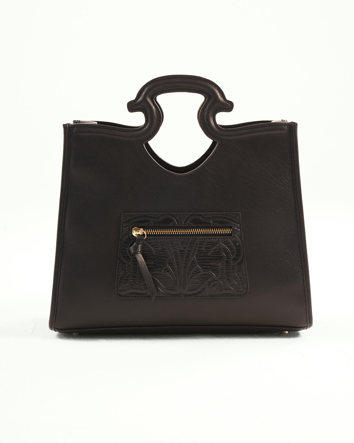 Black handbag with a gold zipper on a white background