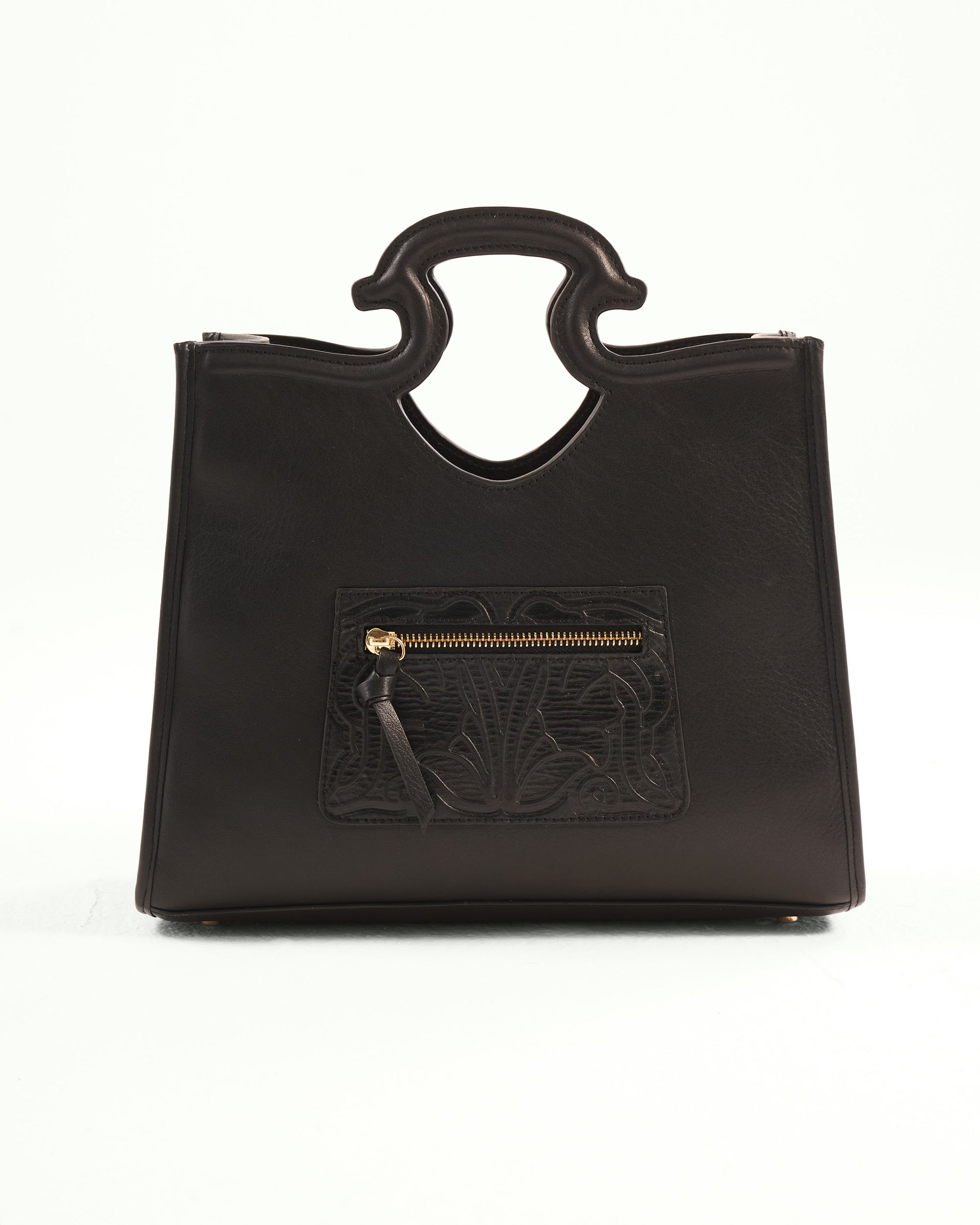 Black handbag with a gold zipper on a white background