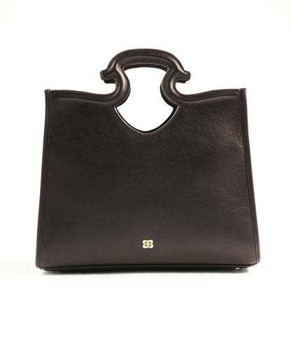 Black handbag with a gold zipper on a white background