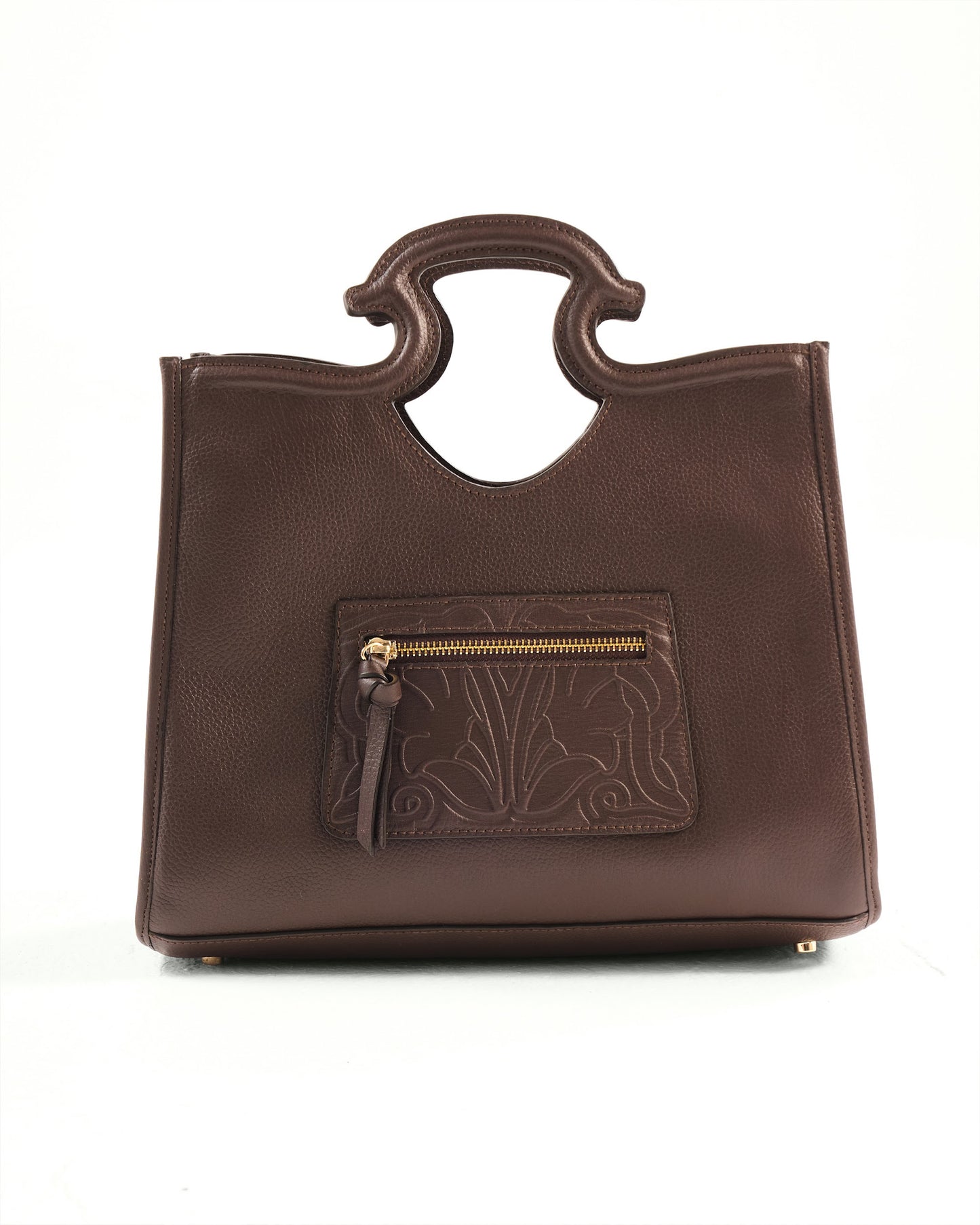 Brown leather handbag with a gold zipper on a white background