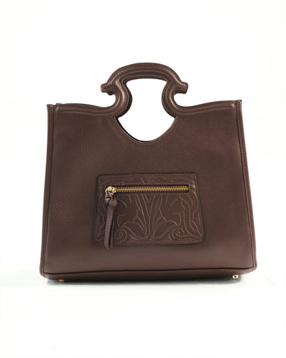 Brown leather handbag with a gold zipper on a white background