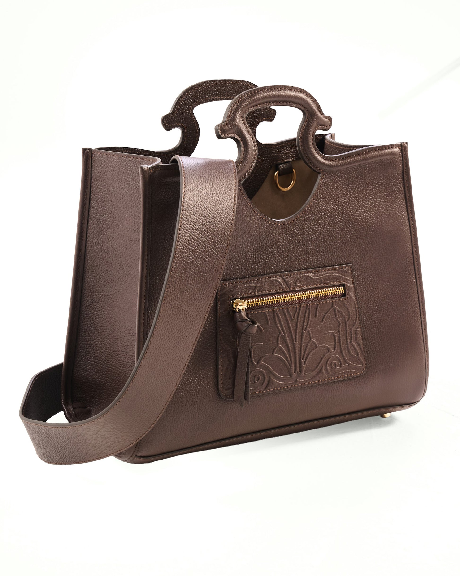 Brown leather handbag with a gold zipper on a white background