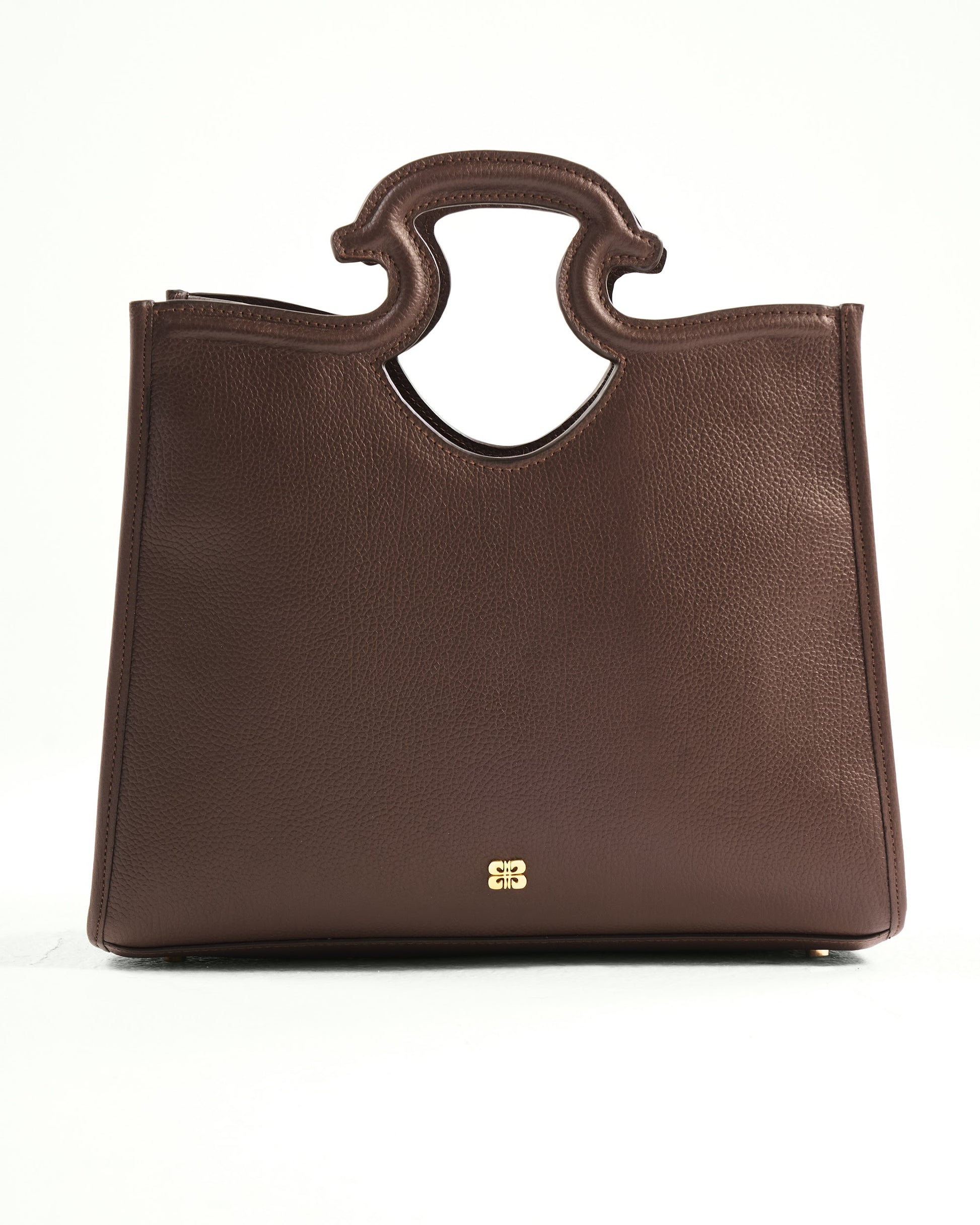Brown leather handbag with a gold zipper on a white background